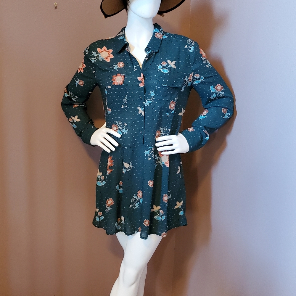 NWT ARK N CO green clip dot floral shirt dress